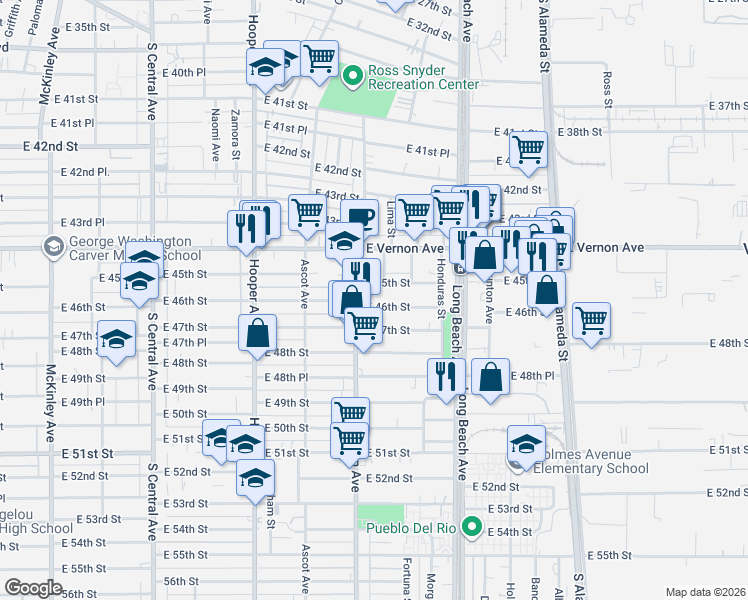 map of restaurants, bars, coffee shops, grocery stores, and more near 1557 East 46th Street in Los Angeles