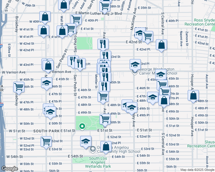map of restaurants, bars, coffee shops, grocery stores, and more near 631 East 46th Street in Los Angeles