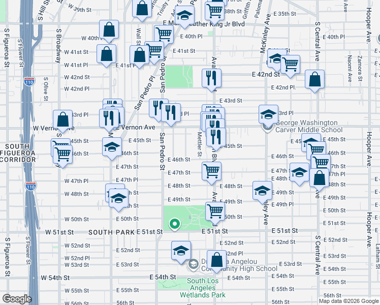 map of restaurants, bars, coffee shops, grocery stores, and more near 4464 Towne Avenue in Los Angeles