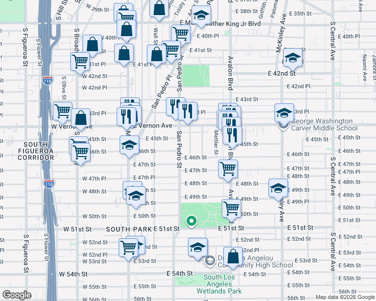 map of restaurants, bars, coffee shops, grocery stores, and more near 4461 Crocker Street in Los Angeles
