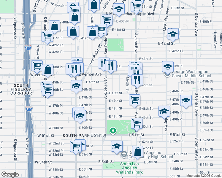map of restaurants, bars, coffee shops, grocery stores, and more near 4461 Crocker Street in Los Angeles