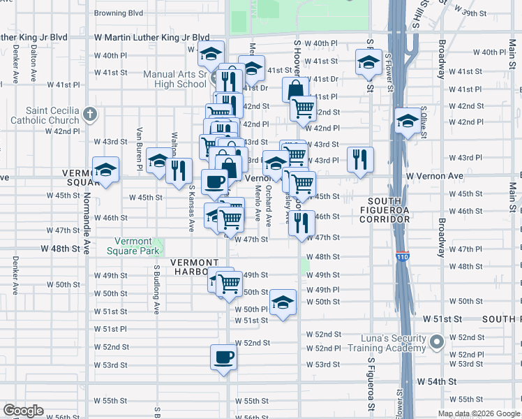 map of restaurants, bars, coffee shops, grocery stores, and more near 945 West 46th Street in Los Angeles