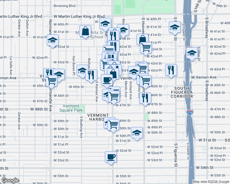 map of restaurants, bars, coffee shops, grocery stores, and more near 4521 Vermont Avenue in Los Angeles