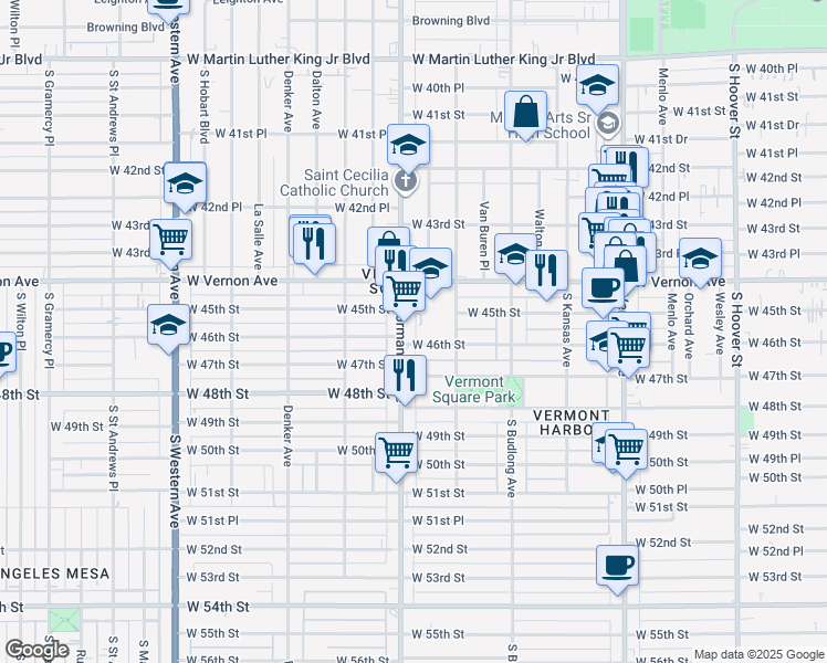 map of restaurants, bars, coffee shops, grocery stores, and more near 1327 West 46th Street in Los Angeles