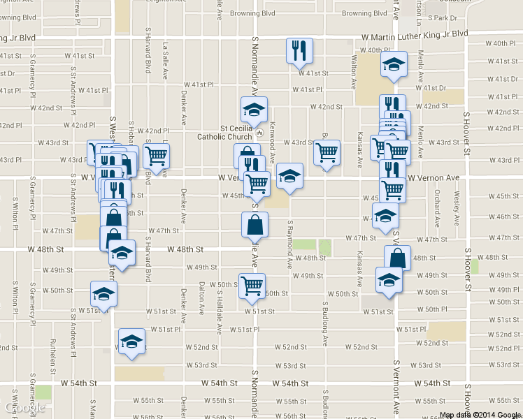 map of restaurants, bars, coffee shops, grocery stores, and more near 4527 Normandie Avenue in Los Angeles