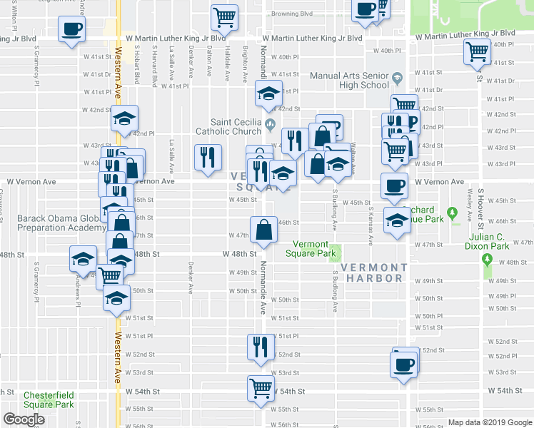 map of restaurants, bars, coffee shops, grocery stores, and more near 4527 Normandie Avenue in Los Angeles