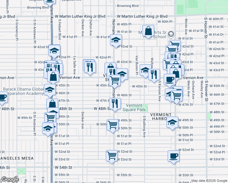 map of restaurants, bars, coffee shops, grocery stores, and more near 4527 Normandie Avenue in Los Angeles