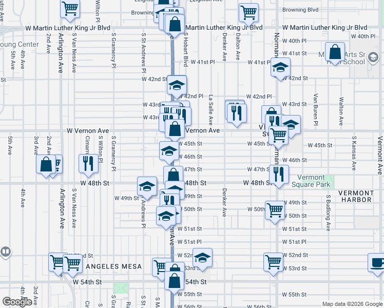 map of restaurants, bars, coffee shops, grocery stores, and more near 1633 West 46th Street in Los Angeles
