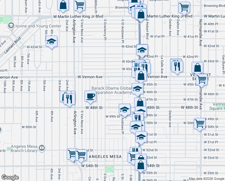 map of restaurants, bars, coffee shops, grocery stores, and more near 1833 West 46th Street in Los Angeles