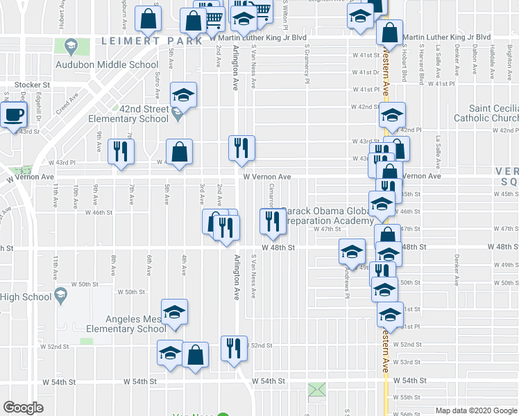 map of restaurants, bars, coffee shops, grocery stores, and more near 4528 South Van Ness Avenue in Los Angeles