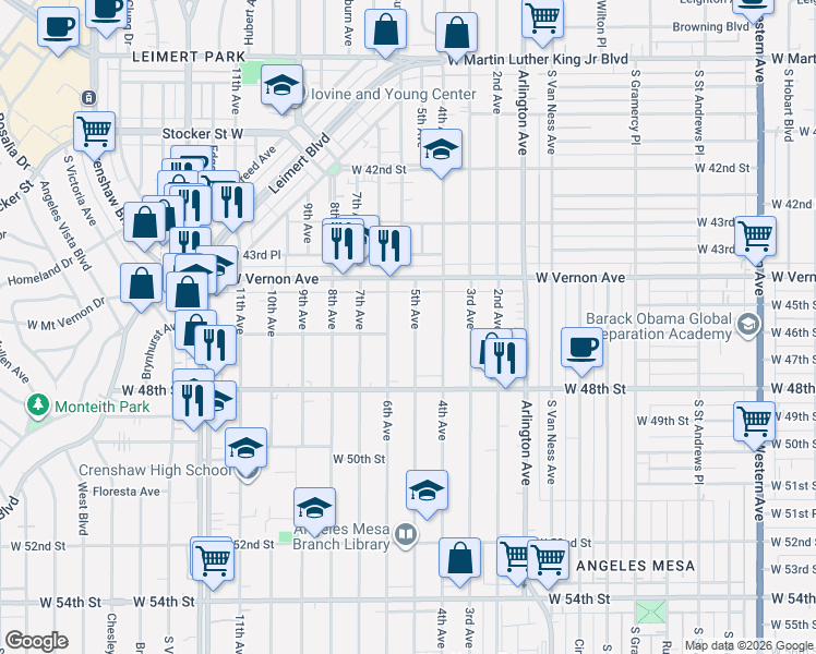 map of restaurants, bars, coffee shops, grocery stores, and more near 4525 5th Avenue in Los Angeles