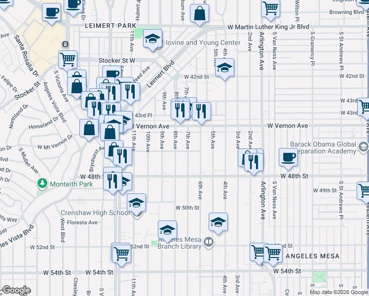 map of restaurants, bars, coffee shops, grocery stores, and more near 4524 7th Avenue in Los Angeles