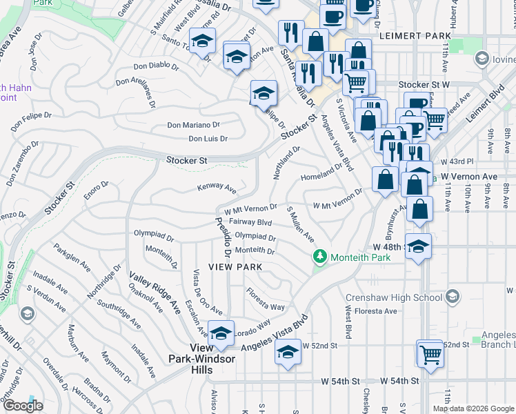 map of restaurants, bars, coffee shops, grocery stores, and more near 3845 West Mount Vernon Drive in Los Angeles