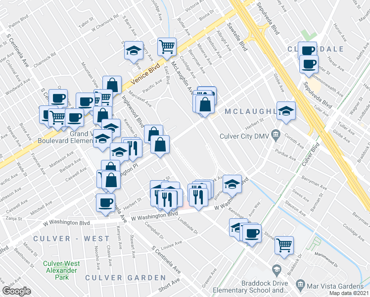 map of restaurants, bars, coffee shops, grocery stores, and more near 4040 Marcasel Avenue in Los Angeles