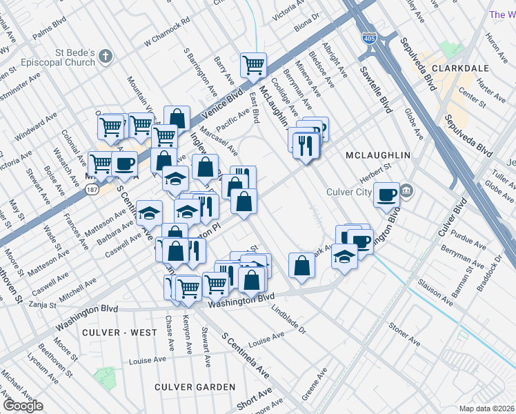 map of restaurants, bars, coffee shops, grocery stores, and more near in Los Angeles