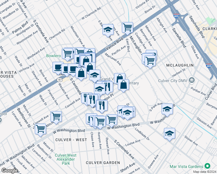 map of restaurants, bars, coffee shops, grocery stores, and more near 12135 Mitchell Avenue in Los Angeles