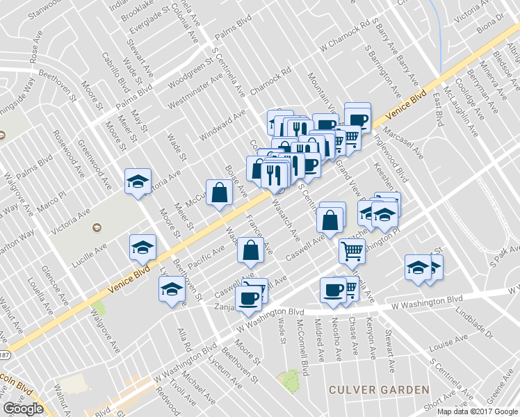 map of restaurants, bars, coffee shops, grocery stores, and more near 12530 Venice Boulevard in Los Angeles