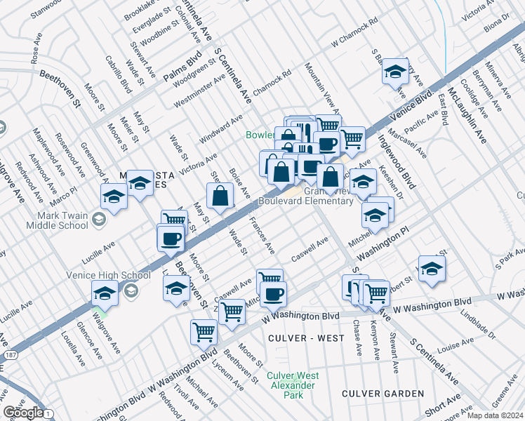 map of restaurants, bars, coffee shops, grocery stores, and more near 12518 Venice Boulevard in Los Angeles
