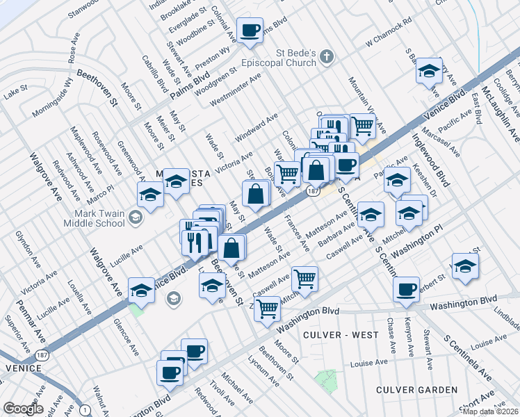 map of restaurants, bars, coffee shops, grocery stores, and more near 3787 Wade Street in Los Angeles