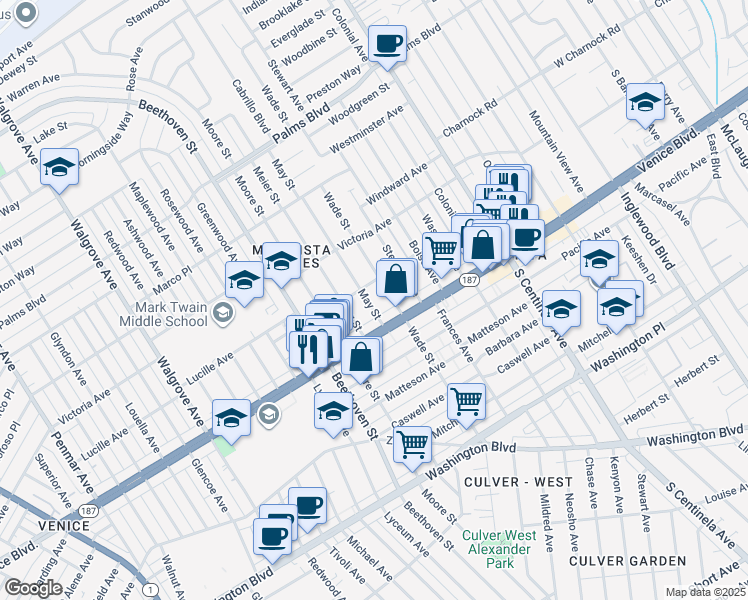 map of restaurants, bars, coffee shops, grocery stores, and more near 3767 May Street in Los Angeles