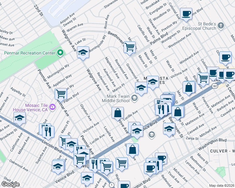 map of restaurants, bars, coffee shops, grocery stores, and more near 3632 Ashwood Avenue in Los Angeles