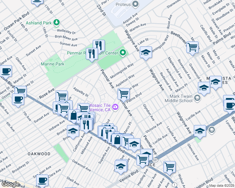 map of restaurants, bars, coffee shops, grocery stores, and more near 1740 Penmar Avenue in Los Angeles
