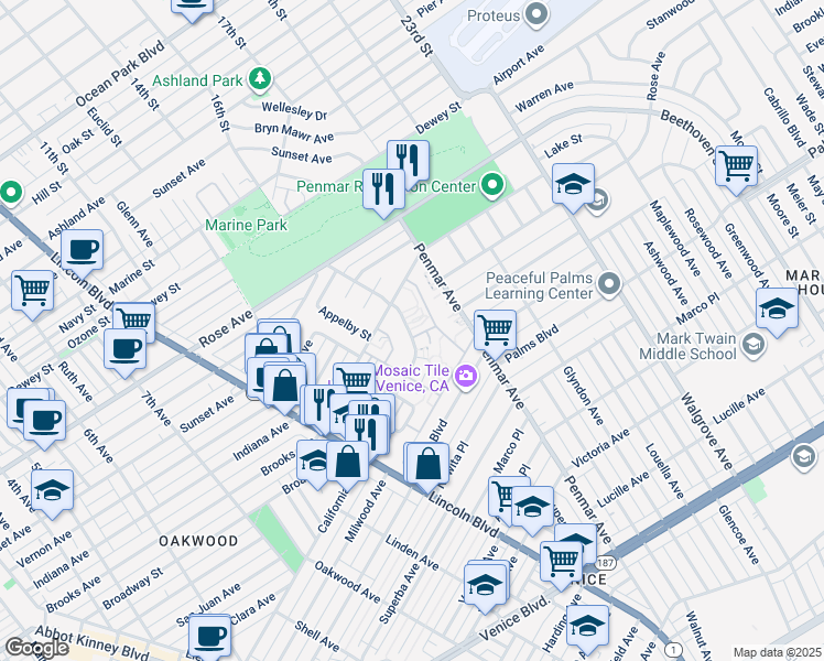 map of restaurants, bars, coffee shops, grocery stores, and more near 1051 Elkgrove Avenue in Los Angeles