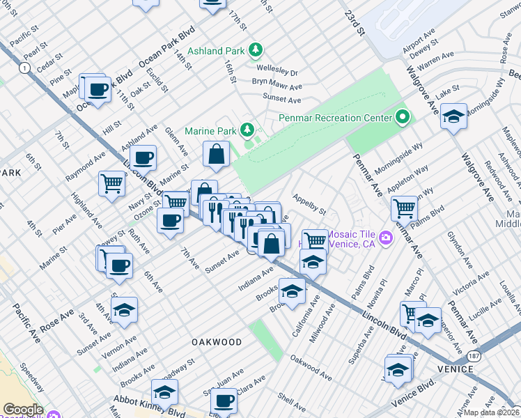 map of restaurants, bars, coffee shops, grocery stores, and more near 915 Sunset Avenue in Los Angeles