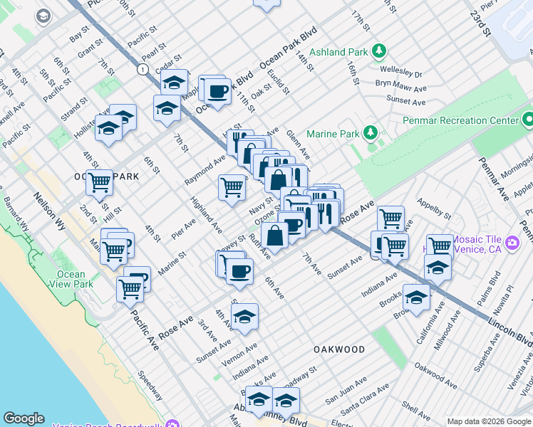 map of restaurants, bars, coffee shops, grocery stores, and more near 754 Ozone Street in Santa Monica