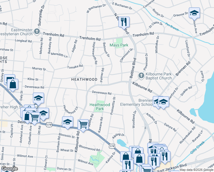 map of restaurants, bars, coffee shops, grocery stores, and more near 3922 Kilbourne Road in Columbia