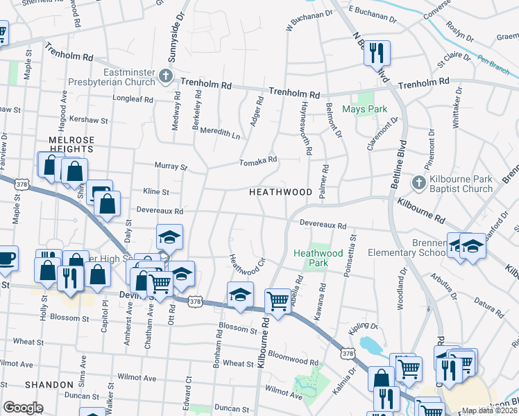 map of restaurants, bars, coffee shops, grocery stores, and more near 3631 Devereaux Road in Columbia