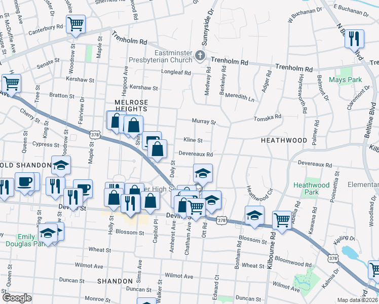 map of restaurants, bars, coffee shops, grocery stores, and more near 1102 Princeton Street in Columbia