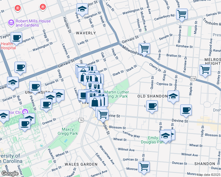 map of restaurants, bars, coffee shops, grocery stores, and more near 2208 College Street in Columbia