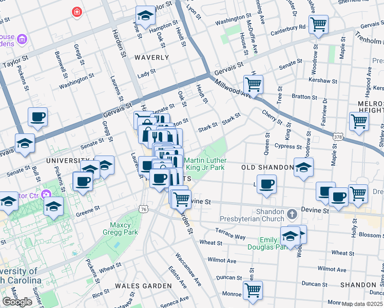 map of restaurants, bars, coffee shops, grocery stores, and more near 2208 College Street in Columbia