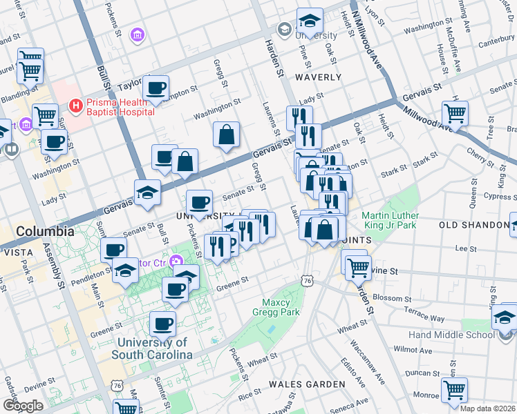 map of restaurants, bars, coffee shops, grocery stores, and more near 1006 Barnwell Street in Columbia