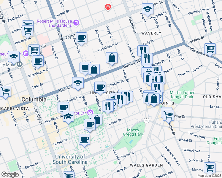 map of restaurants, bars, coffee shops, grocery stores, and more near 1020B Henderson Street in Columbia
