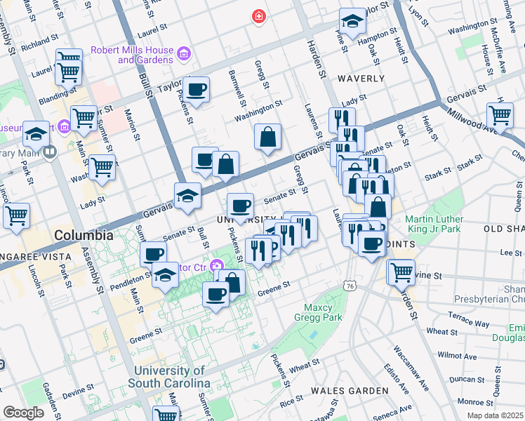map of restaurants, bars, coffee shops, grocery stores, and more near 1020B Henderson Street in Columbia