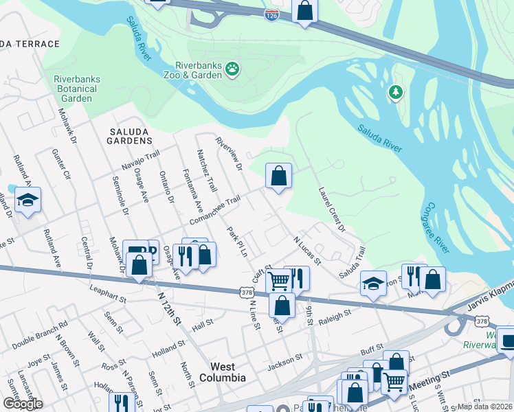 map of restaurants, bars, coffee shops, grocery stores, and more near 111 Ashley Ct in West Columbia