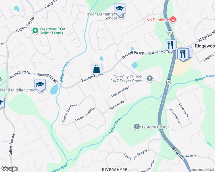 map of restaurants, bars, coffee shops, grocery stores, and more near 1447 Squire Hill Lane in Lawrenceville