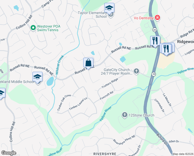 map of restaurants, bars, coffee shops, grocery stores, and more near 1447 Squire Hill Lane in Lawrenceville
