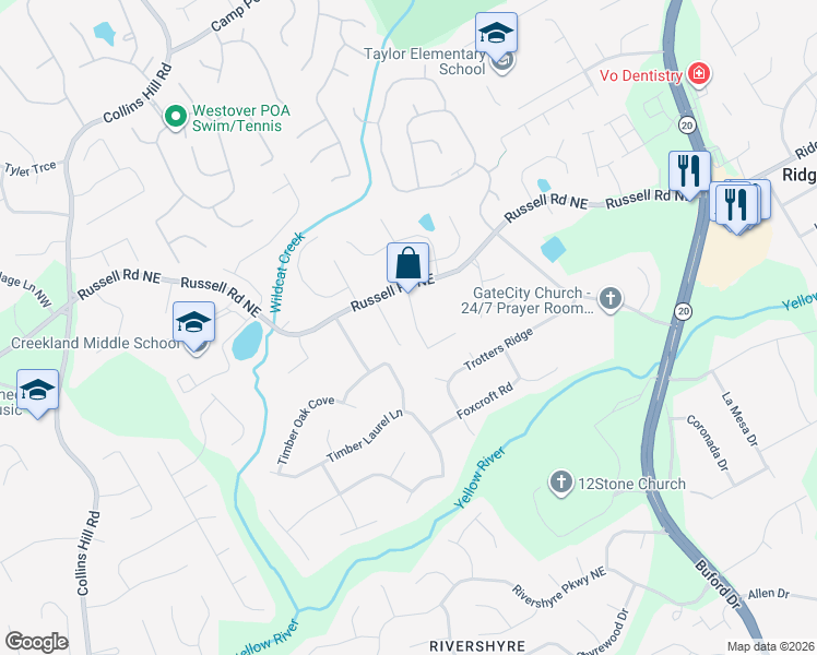 map of restaurants, bars, coffee shops, grocery stores, and more near 1558 Squire Hill Lane in Lawrenceville