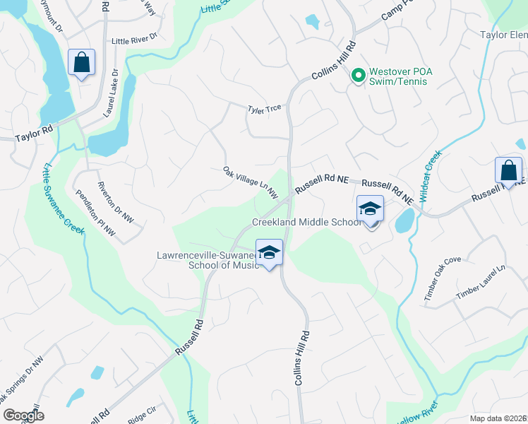 map of restaurants, bars, coffee shops, grocery stores, and more near 55 Russell Road in Lawrenceville