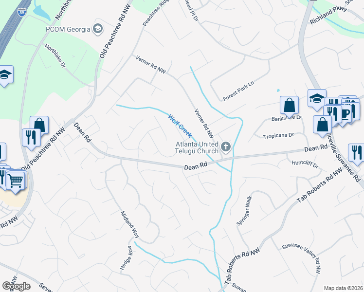 map of restaurants, bars, coffee shops, grocery stores, and more near 2245 Evergreen Lane in Lawrenceville
