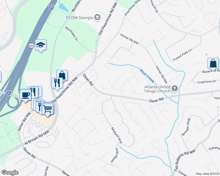 map of restaurants, bars, coffee shops, grocery stores, and more near 2425 Sawtooth Oak Drive in Lawrenceville