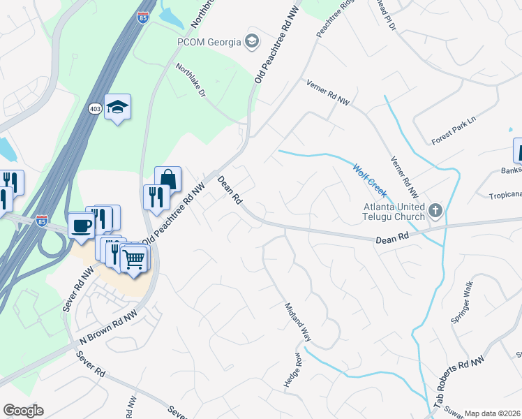 map of restaurants, bars, coffee shops, grocery stores, and more near 1075 Braymoor Drive in Lawrenceville