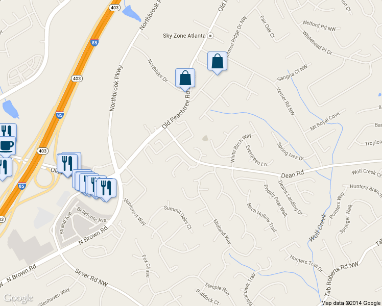 map of restaurants, bars, coffee shops, grocery stores, and more near 2305 Golden Valley Drive in Lawrenceville