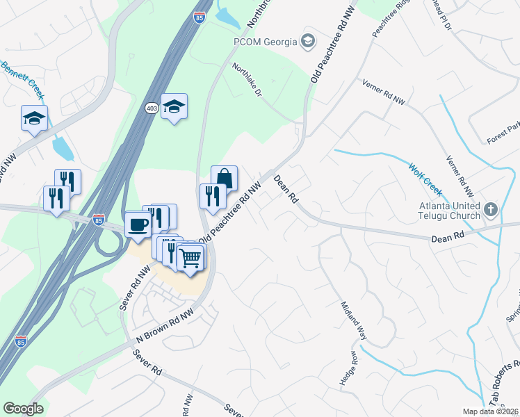 map of restaurants, bars, coffee shops, grocery stores, and more near 2723 Heathrow Drive in Lawrenceville