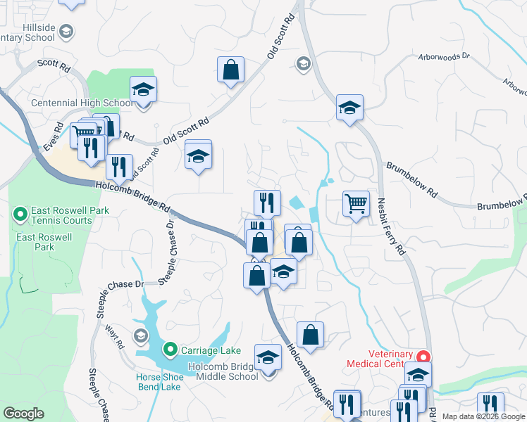 map of restaurants, bars, coffee shops, grocery stores, and more near 1012 Champions Green Parkway in Alpharetta