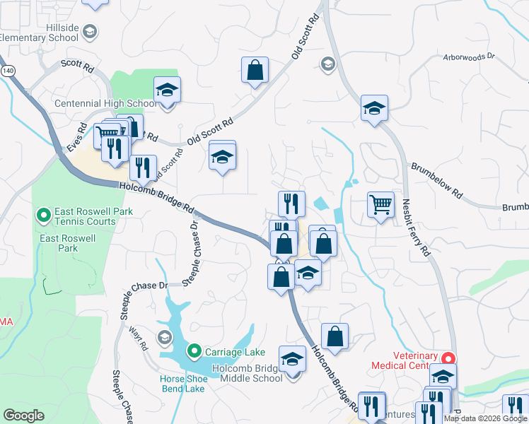map of restaurants, bars, coffee shops, grocery stores, and more near 1048 Township Square in Alpharetta