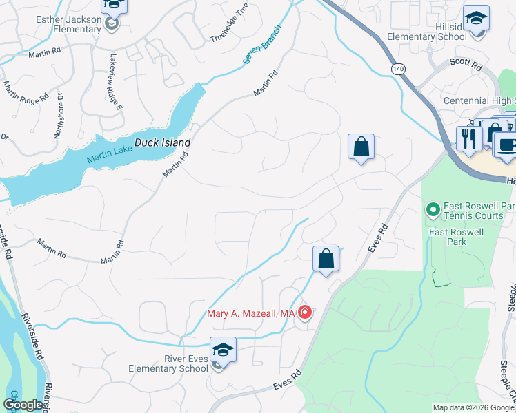map of restaurants, bars, coffee shops, grocery stores, and more near 9122 Eves Circle in Roswell